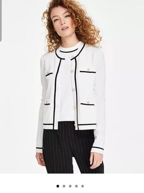 Karl Lagerfeld White Cardigan And Matching Tank W/Black Trim And Pearl Buttons